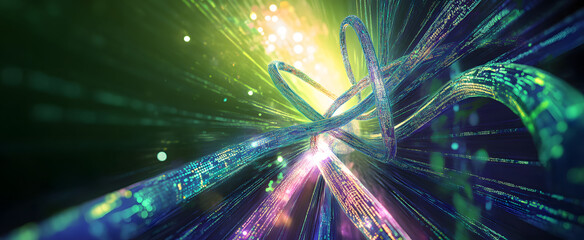 Digital stream in big data field. High-speed Internet and global cyber digitalization. Twisted strings of binary code in tunnel cyberspace 3D illustration