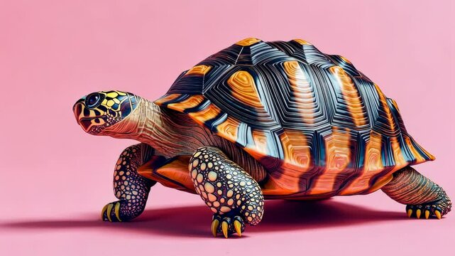 Radiated tortoise walking on pink background