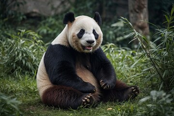 Fototapeta premium Happy giant panda sitting on the ground and smiling in the green backyard generative AI