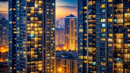 Obraz premium An Evening Panorama of Illuminated Urban Towers, Capturing the Subtle Glow of Residential Windows and the Urban Skyline's Intricate Geometry