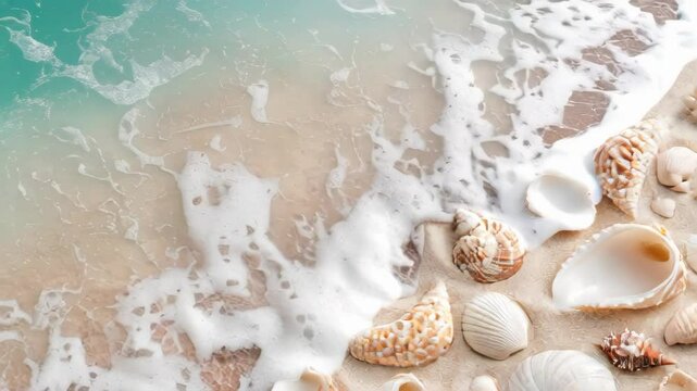 Seashells on a sandy beach with a wave washing ashore.. AI Generation