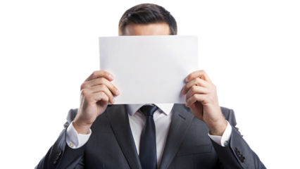 Businessman in suit holding blank paper for presentation