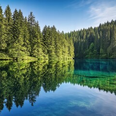 Obraz premium Tranquil Crystal Clear Lake Surrounded by Lush Forest