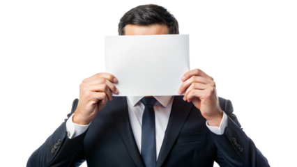 Businessman in suit holding blank paper for presentation