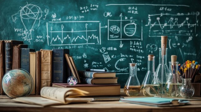A dynamic background showcasing a variety of educational materials such as books, a chalkboard, and scientific models, representing diverse fields of study.