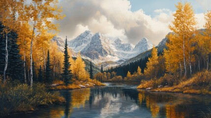 3D landscape oil painting with realistic textures, depicting mountains, trees, and water that seem to extend beyond the canvas.