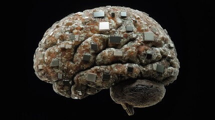 Artificial Intelligence hardware concept. Brain made of chipset and main board. microchip on computer motherboard. big data processing, ai trading, machine learning, technology.