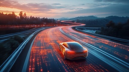 A highway drive in a high-tech setting, encircled by glowing digital waves, showcasing cutting-edge auto safety technology and the future of road safety.