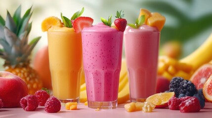 A lively background displaying a variety of fresh fruit smoothies, each uniquely garnished, set against a light, airy setting filled with fresh fruits.
