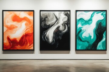Three abstract paintings on a white wall with a concrete floor