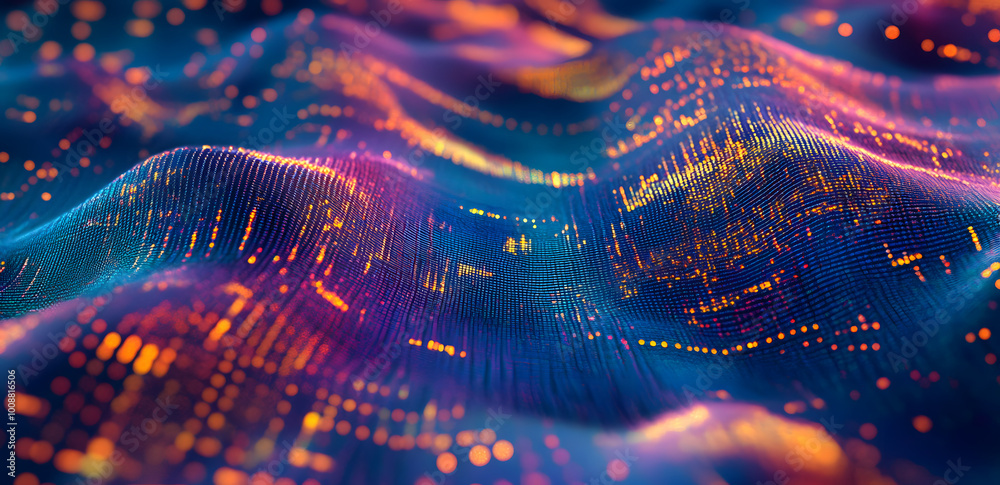 Poster cyber data stream. digital neural networks. 3d illustration of a wavy open source surface