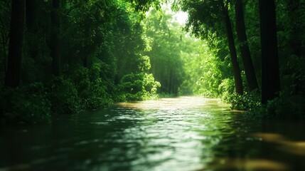 Obraz premium Tranquil Forest Stream Green Canopy Sunlight Nature Background