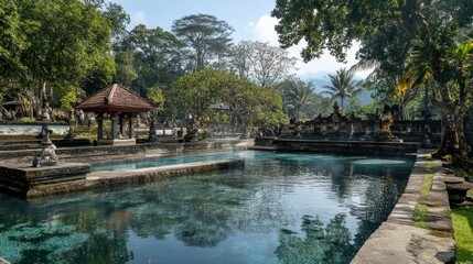 Obraz premium Serene Temple Pool in Lush Tropical Setting
