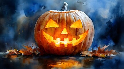 Obraz premium Friendly carved pumpkin glowing in the autumn breeze, surrounded by fall leaves and a watercolor backdrop