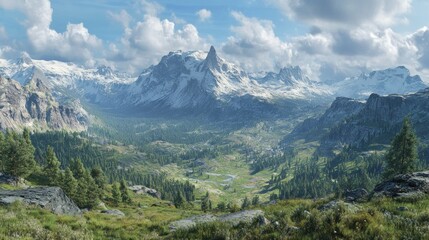 Fototapeta premium Mountain Valley with Snow-Capped Peaks and a Verdant Forest Floor