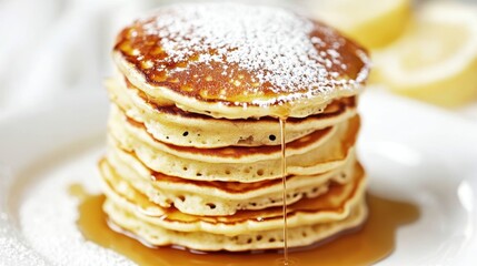 Stacked Pancakes Dripping with Maple Syrup