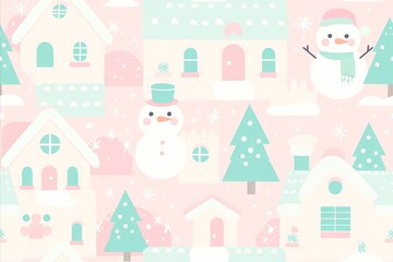 Fototapeta premium Cute winter wonderland pattern with snowmen & houses - Seamless Pattern 