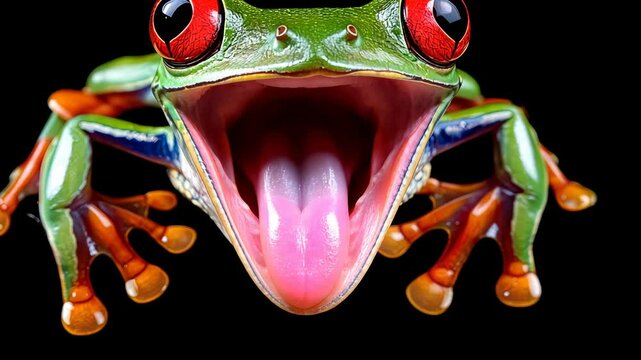 Captivating red-eyed tree frog widely opening its mouth against a striking black background