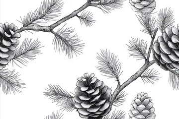 Detailed pencil drawing of pine cones and branches. - Seamless Pattern 