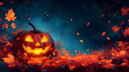 Naklejka premium Playful jack-o-lantern glowing among autumn leaves, watercolor-style background capturing the Halloween fun