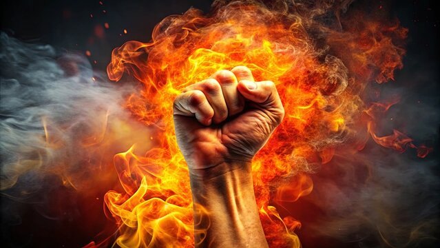 A clenched fist emerges from the swirling inferno, engulfed in flames and smoke, symbolizing unwavering strength and determination