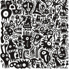 black abstract drawing various objects and figures.