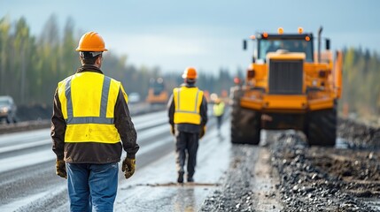 Civil engineering team on a busy highway construction site, wearing safety vests and helmets, discussing project progress with heavy equipment in the background