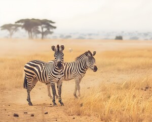 Pair of Zebras Standing in Dry Savanna Field with Acacia Trees