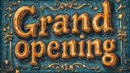 Festive grand opening sign with ornate lettering design