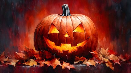 Fototapeta premium Smiling pumpkin surrounded by fall leaves, watercolor-style background enhancing the Halloween scene