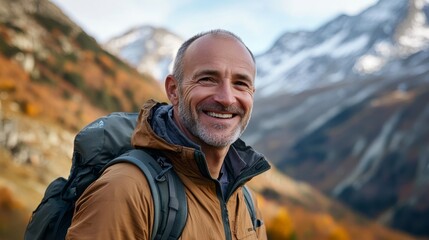 An old person or a hiker smiling in the middle of a hiking trip with a background shot of tall mountains and lush forest, adventure and exploration, discovery, professional photography