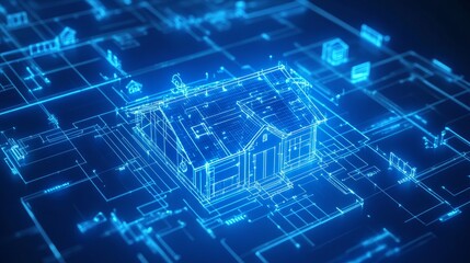 3D blueprint plan of a smart home with IoT device icons Conceptual banner for smart home technology showing how the buildings system integrates with IoT for remote control of domestic