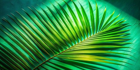 Obraz premium A single palm frond casts a delicate shadow on a vibrant green background, creating a captivating display of nature's artistry.
