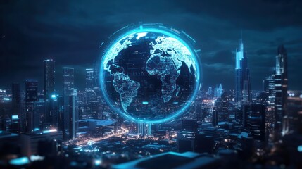 A giant hologram of the Earth is floating above a major city ,