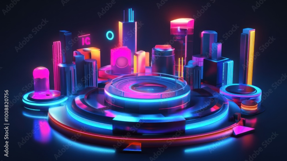 Poster Neon Cityscape with Glowing Structures and a Circular Platform