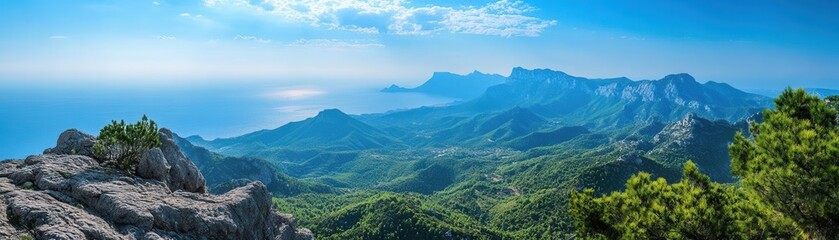 Naklejka premium A breathtaking panoramic view of mountains and sea, showcasing vibrant greens and serene blue waters under a clear sky.