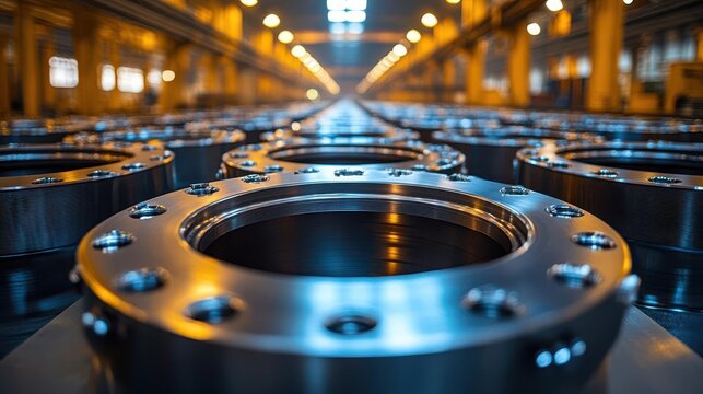 detailed depiction of steel pipe flanges in a vast factory setting showcasing industrial machinery and processes with a focus on metallic textures and precision engineering