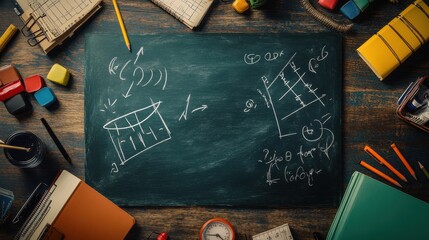 Education-themed background featuring a chalkboard with mathematical equations, colorful textbooks, and school supplies spread across a classroom desk.