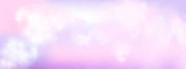 Illustration of a sky with warm orange and pink hues, scattered clouds lit by the setting sun. Depicts a peaceful sunset in late afternoon during summer or spring.  © gala