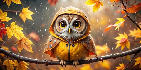 A Tiny Owl Perched on a Branch Amidst Falling Autumn Leaves, Clad in a Yellow Raincoat, Its Large Eyes Gazing Out into the Rain