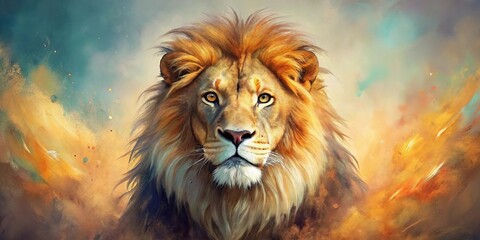Fototapeta premium A Majestic Lion Gazes Forward, Its Golden Mane Flowing, Against a Whimsical Background of Blurred Colors and Flecks of Light