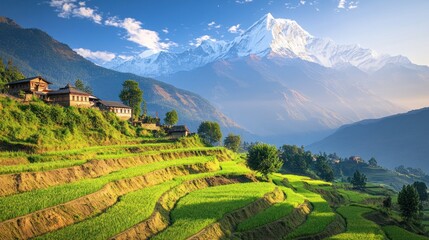 Fototapeta premium Sunrise Over Rice Terraces in the Himalayas