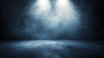 A dark room with a concrete floor and a single spotlight shining through smoky surroundings creating a mysterious atmosphere
