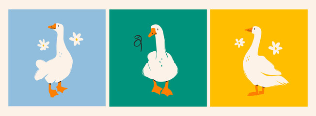 White geese or ducks and camomile flowers. Abstract, quirky, cartoon modern style. Hand drawn trendy Vector illustration. Isolated design elements