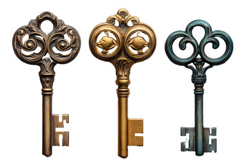 Vintage Patina Skeleton Keys Set on Transparent Background - Cut Out