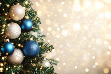 Fototapeta premium Holiday Christmas tree with ornaments, garland and balls on golden background with bokeh lights. Merry Christmas and a happy New Year greeting card. Winter holiday background.
