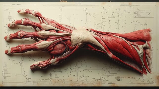 detailed human anatomical illustration focusing on hand muscles showcasing intricate structures and clarity emphasizing the complexity of human physiology
