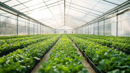 A large modern Greenhosue with rows of healthy green vegetables, eco-friendly sunny exposure, plants, professional photography