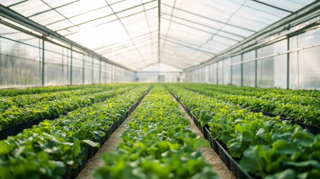 A large modern Greenhosue with rows of healthy green vegetables, eco-friendly sunny exposure, plants, professional photography