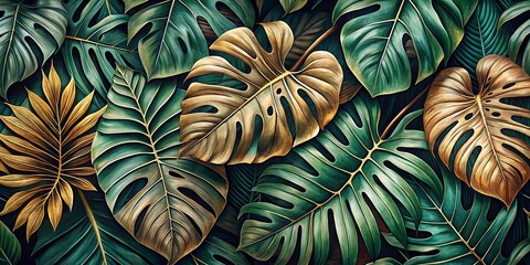 A lush tapestry of emerald and golden foliage, a symphony of textures and hues, revealing nature's artistry in a captivating botanical dance.